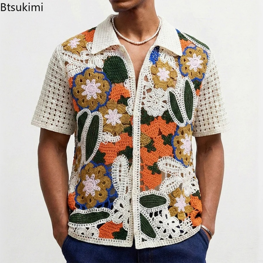 Polo en tricot crocheté rétro  - Shirt Camp Collar avis et prix